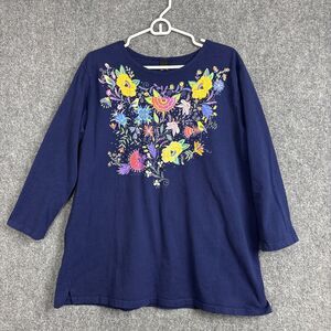 Sabaku Artwear Top Blouse  Womens L Blue  Folk Art Floral